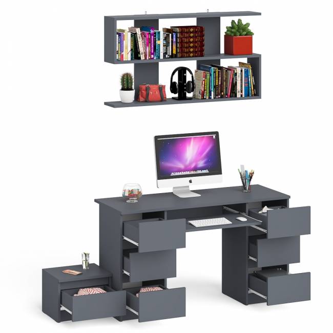 Двухтумбовый стол компьютерный Мори МС-2 с тумбочкой с ящиком и полкой на 1200 цвет графит Двухтумбовый стол компьютерный Мори МС-2 с тумбочкой с ящиком и полкой на 1200 цвет графит