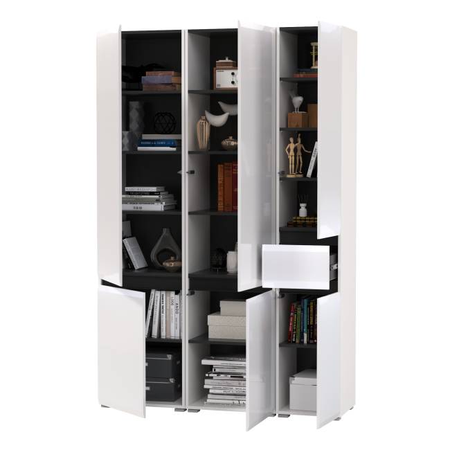 Два шкафа Сидней с дверками и один шкаф Сидней с ящиком цвет белый/чёрный/МДФ белый глянец