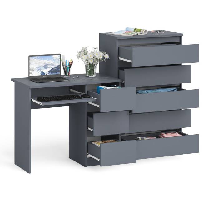 Высокий комод Мори на 700 5 ящиков и компьютерный стол Мори МС-6 тумба справа цвет графит Высокий комод Мори на 700 5 ящиков и компьютерный стол Мори МС-6 тумба справа цвет графит