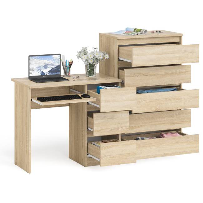 Высокий комод Мори на 700 5 ящиков и компьютерный стол Мори МС-6 тумба справа цвет дуб сонома Высокий комод Мори на 700 5 ящиков и компьютерный стол Мори МС-6 тумба справа цвет дуб сонома