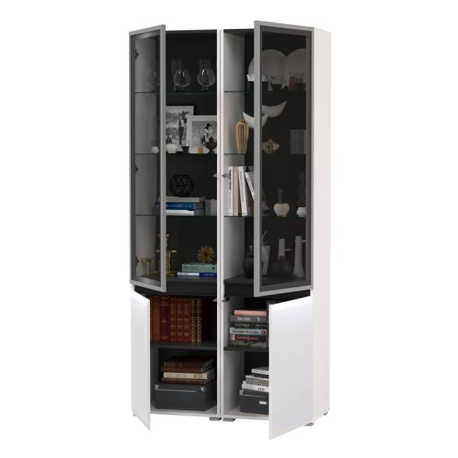 Горка Сидней из двух шкафов-витрин цвет белый/чёрный/МДФ белый глянец