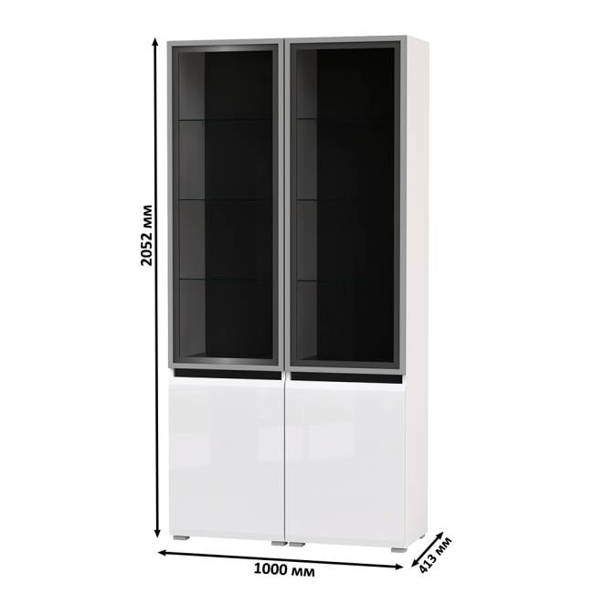 Горка Сидней из двух шкафов-витрин цвет белый/чёрный/МДФ белый глянец