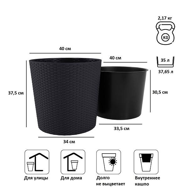 Кашпо для цветов RATO ROUND DRTUS400L-S433 антрацит 2 предмета 35 и 37.65л