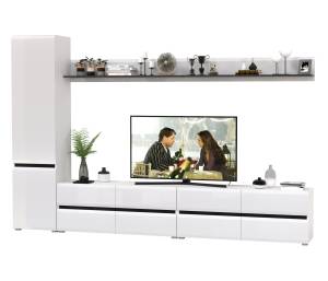 Две ТВ-тумбы с двумя навесными полочками и шкафом с полками Сидней цвет белый/чёрный/МДФ белый глянец