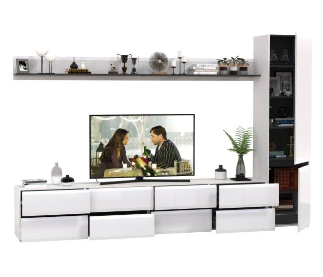 Две ТВ-тумбы с двумя навесными полочками и шкафом с полками Сидней цвет белый/чёрный/МДФ белый глянец Две ТВ-тумбы с двумя навесными полочками и шкафом с полками Сидней цвет белый/чёрный/МДФ белый глянец