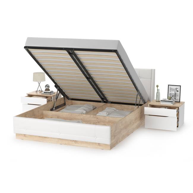 Кровать с подъёмным основанием и двумя прикроватными тумбами Муссон цвет белый/дуб эндгрейн элегантный/кожзам белый