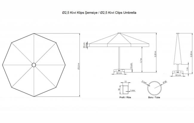 Зонт пляжный профессиональный Ø2.5 м Kiwi Clips серебристый, красный Ø2500 мм