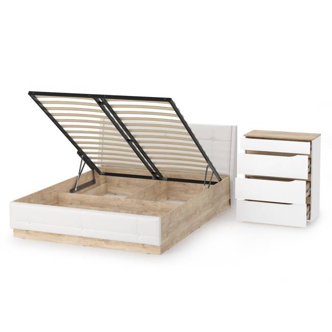 Комод Муссон с кроватью 1600 с подъёмным основанием цвет белый/дуб эндгрейн элегантный/кожзам белый Комод Муссон с кроватью 1600 с подъёмным основанием цвет белый/дуб эндгрейн элегантный/кожзам белый