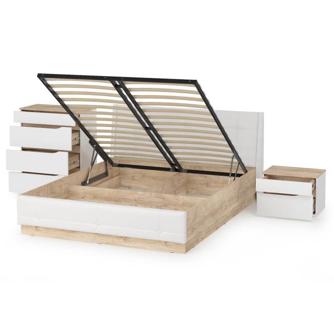 Комплект Кровать Муссон 11.28 + подъёмный ортопед + Тумба 16.03 + Комод 13.97 цвет белый/дуб эндгрейн элегантный/кожзам белый