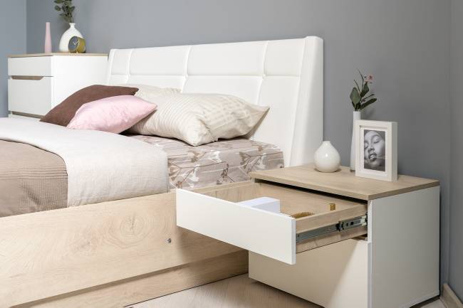 Комплект Кровать Муссон 11.28 + подъёмный ортопед + Тумба 16.03 + Комод 13.97 цвет белый/дуб эндгрейн элегантный/кожзам белый