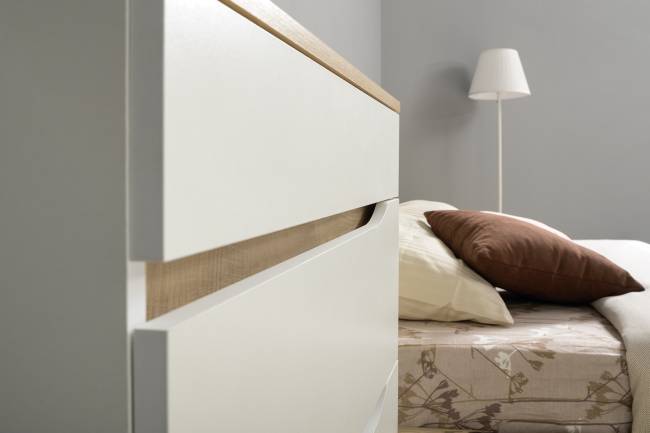 Комплект Кровать Муссон 11.28 + подъёмный ортопед + Тумба 16.03 + Комод 13.97 цвет белый/дуб эндгрейн элегантный/кожзам белый