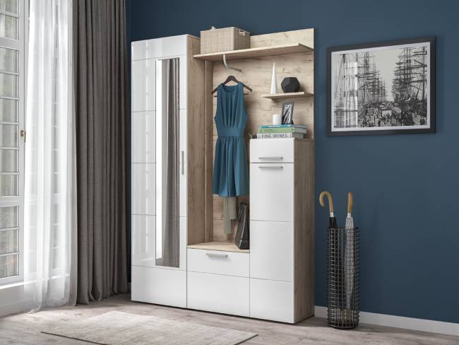 Прихожая Лайн 10.16 цвет дуб крафт серый/фасады МДФ белый глянец