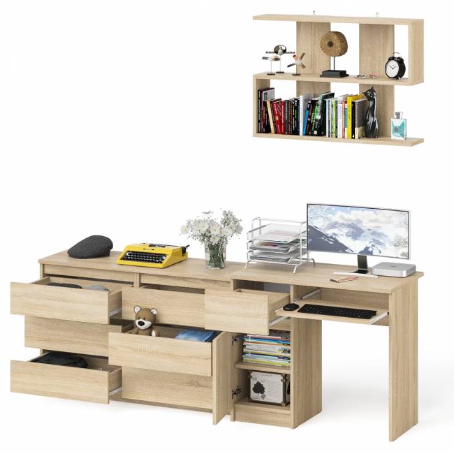 Большой комод на 6-ть ящиков Мори с компьютерным столом МС-1 левый и полка открытая на 900 цвет дуб сонома Большой комод на 6-ть ящиков Мори с компьютерным столом МС-1 левый и полка открытая на 900 цвет дуб сонома