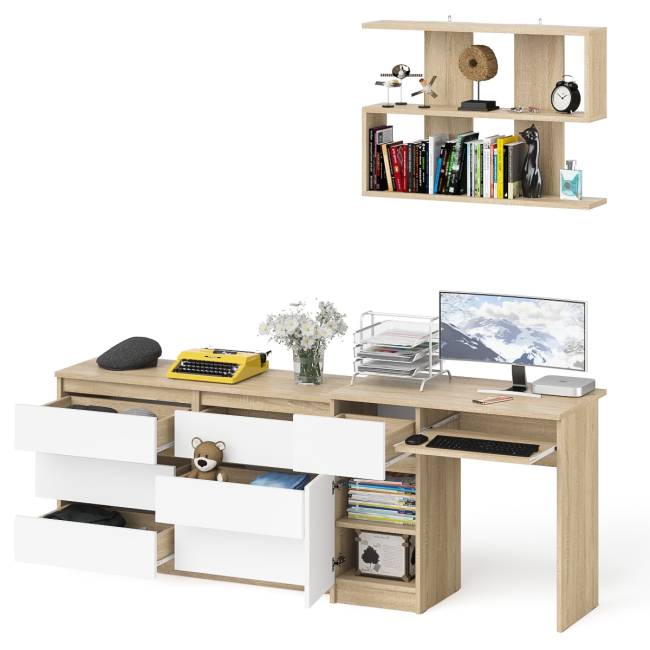 Большой комод на 6-ть ящиков Мори с компьютерным столом МС-1 левый и полка открытая на 900 цвет дуб сонома/белый Большой комод на 6-ть ящиков Мори с компьютерным столом МС-1 левый и полка открытая на 900 цвет дуб сонома/белый